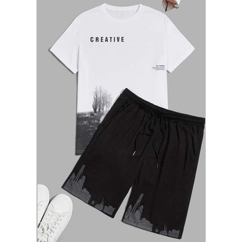 Slogan & arbre à imprimé T-shirt & à cordon Short de sport - SHEIN - Modalova