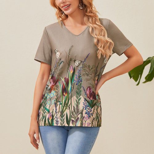 T-shirt à imprimé floral col en V - SHEIN - Modalova