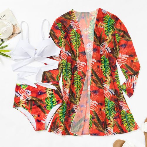 Bikini push-up à imprimé tropical croisé & Kimono - SHEIN - Modalova