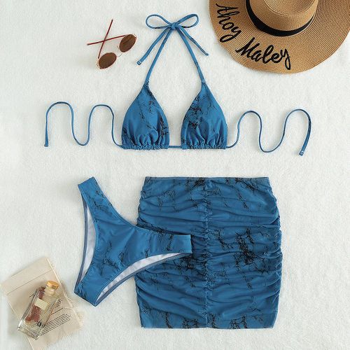 Bikini à imprimé marbré ras-du-cou avec jupe de plage - SHEIN - Modalova