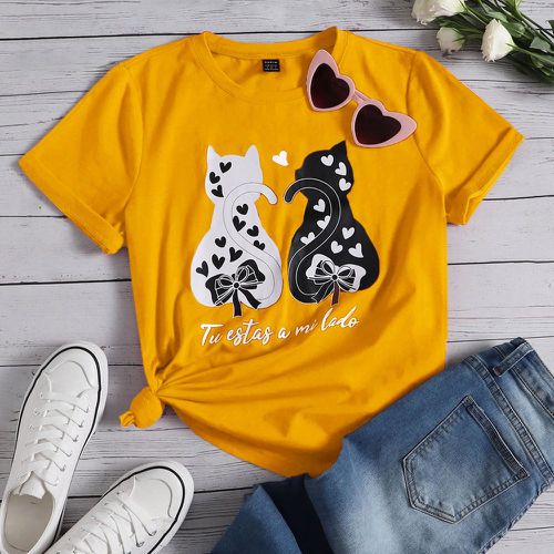 T-shirt à imprimé cœur et chat - SHEIN - Modalova