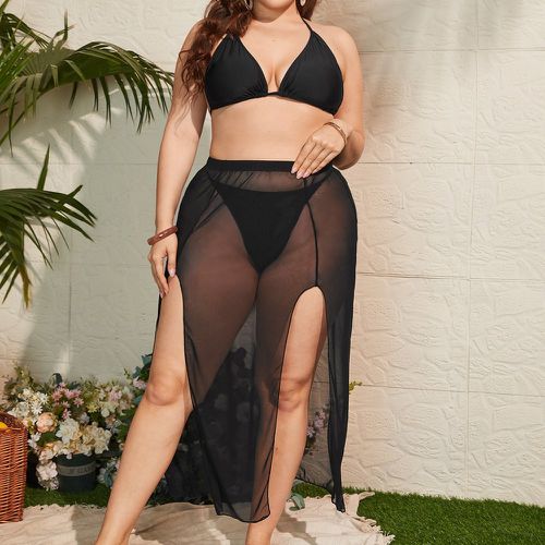 Bikini triangulaire ras-du-cou unicolore avec jupe de plage - SHEIN - Modalova