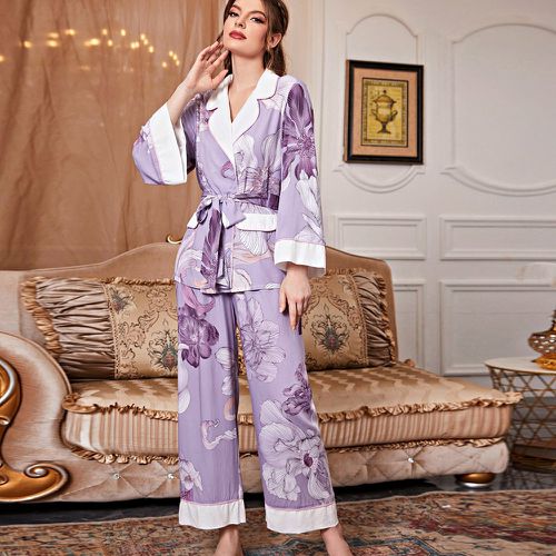 Ensemble de pyjama pantalon & top à imprimé floral ceinturé - SHEIN - Modalova