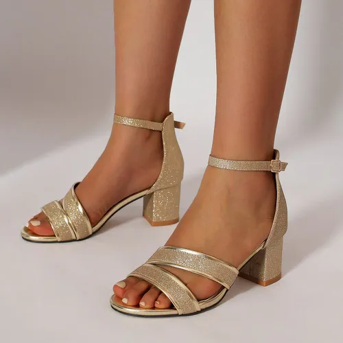 Sandales à motif métallique scintillant à talons épais à bride de cheville - SHEIN - Modalova