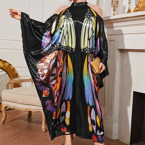 Robe longue à imprimé papillon à épaules dénudées en satin - SHEIN - Modalova