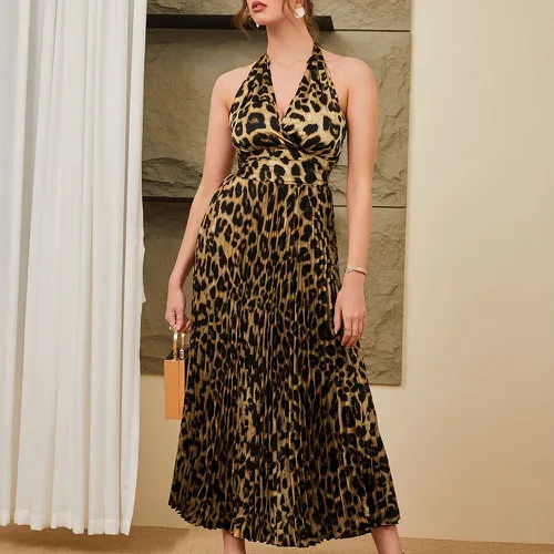 Robe léopard ras-du-cou dos-nu plissé - SHEIN - Modalova