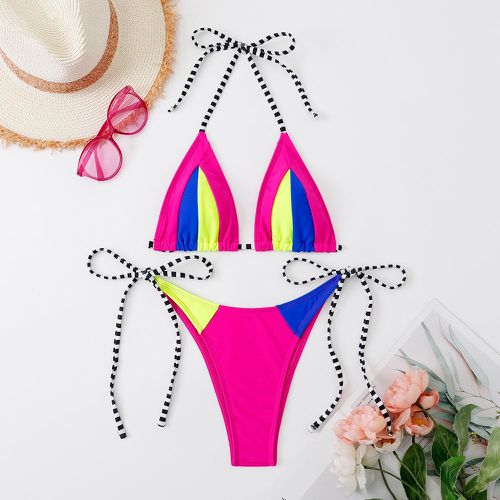 Bikini à blocs de couleurs ras-du-cou triangulaire à nœud - SHEIN - Modalova