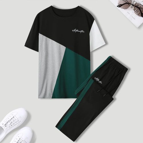 T-shirt à lettres à blocs de couleurs & Pantalon de survêtement à cordon - SHEIN - Modalova