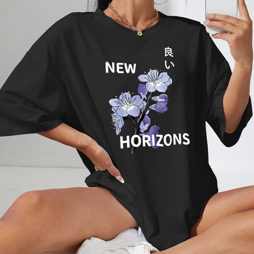 T-shirt oversize à imprimé floral et japonais caractère - SHEIN - Modalova