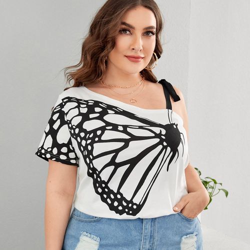 T-shirt à imprimé papillon à col asymétrique à épaule nouée - SHEIN - Modalova