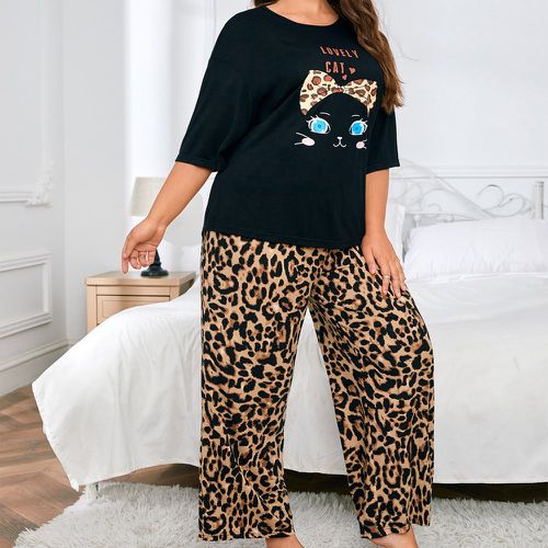 Chat et lettre T-shirt & léopard Pantalon Ensemble de pyjama - SHEIN - Modalova