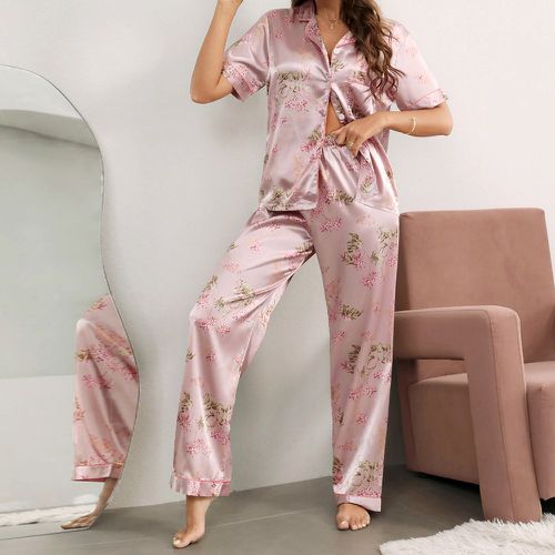 Ensemble de pyjama à imprimé floral à liseré contrastant en satin - SHEIN - Modalova