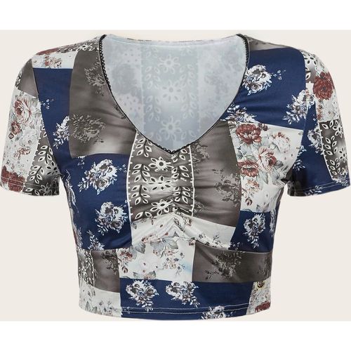 T-shirt patchwork à ruché col en V - SHEIN - Modalova