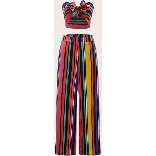 Top bandeau à rayures versicolores à nœud & pantalon - SHEIN - Modalova