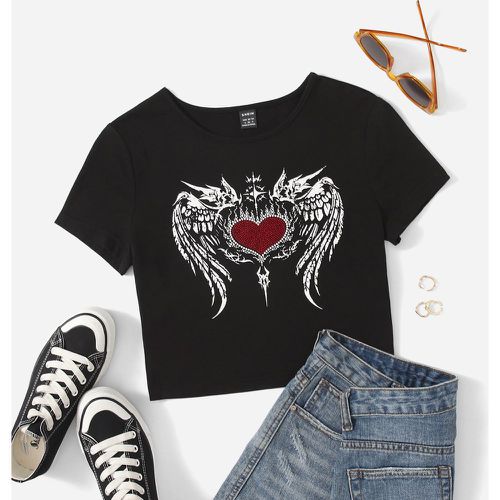 T-shirt court cœur et aile à imprimé à strass - SHEIN - Modalova