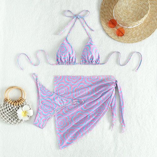 Bikini triangulaire ras-du-cou fleuri avec jupe de plage - SHEIN - Modalova