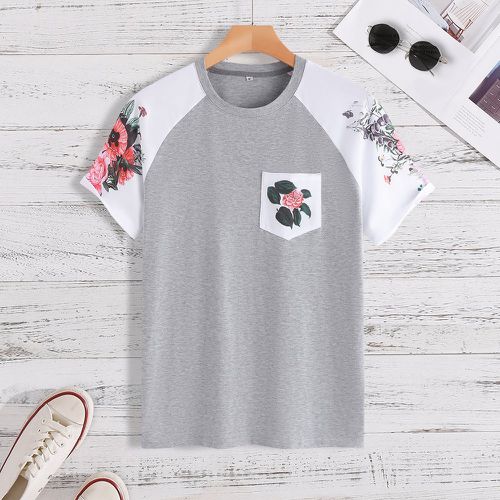 T-shirt à blocs de couleurs aléatoire à imprimé floral avec poche - SHEIN - Modalova