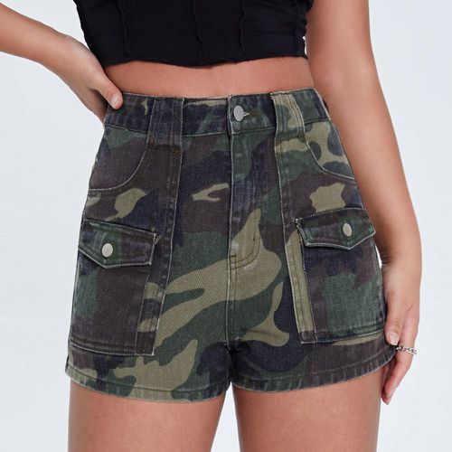 Short en jean taille haute à imprimé camouflage poche à rabat - SHEIN - Modalova