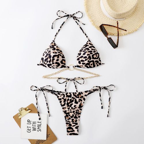 Bikini léopard à lien à anneau push-up à nœud - SHEIN - Modalova