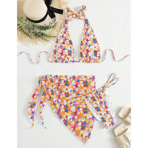 Bikini ras-du-cou fleuri à nœud avec jupe de plage - SHEIN - Modalova