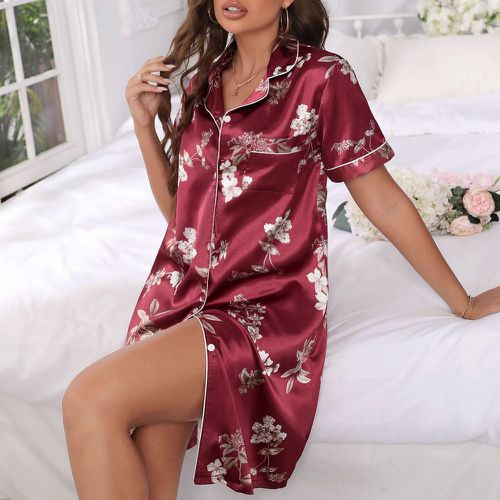 Robe de pyjama à imprimé fleuri à liseré contrastant en satin - SHEIN - Modalova