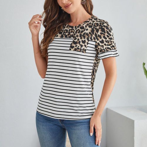 T-shirt à rayures à léopard à patch à poche - SHEIN - Modalova