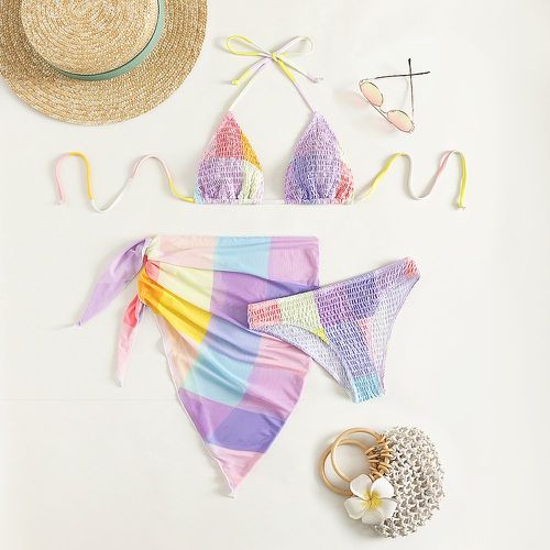 Bikini triangulaire ras-du-cou à blocs de couleurs froncé avec jupe de plage - SHEIN - Modalova
