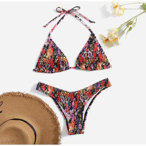 Bikini triangulaire ras-du-cou à imprimé floral froncé - SHEIN - Modalova
