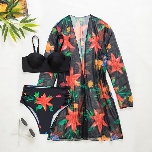Bikini push-up floral aléatoire à imprimé avec kimono - SHEIN - Modalova