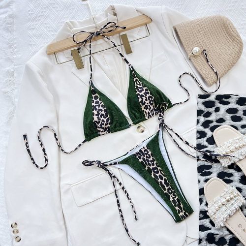 Bikini à léopard ras-du-cou triangulaire à nœud - SHEIN - Modalova