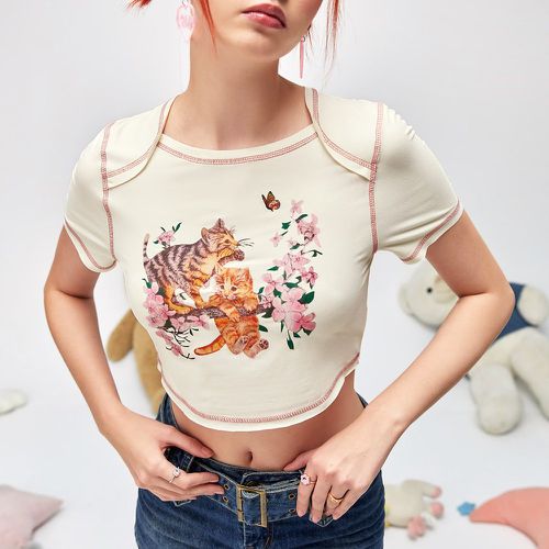 T-shirt court à couture chat & fleuri - SHEIN - Modalova