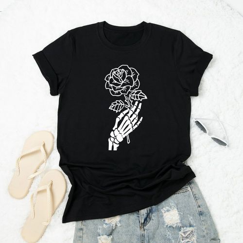 T-shirt tête de mort à imprimé main et floral - SHEIN - Modalova