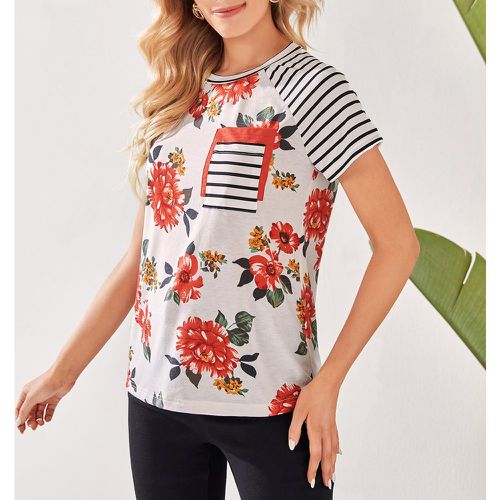 T-shirt à imprimé floral et rayures avec poche - SHEIN - Modalova