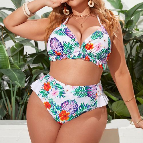 Bikini à imprimé tropical à plis ras-du-cou triangulaire taille haute - SHEIN - Modalova