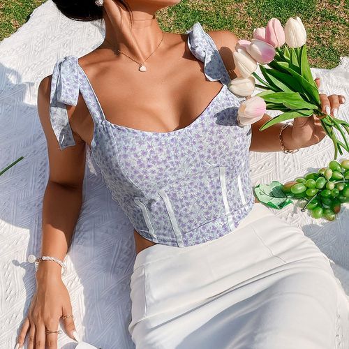 Top à fines brides court à imprimé floral à épaule nouée froncé - SHEIN - Modalova