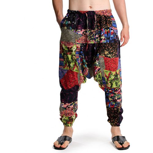 Pantalon à entrejambe bas aléatoire à imprimé patchwork à cordon - SHEIN - Modalova