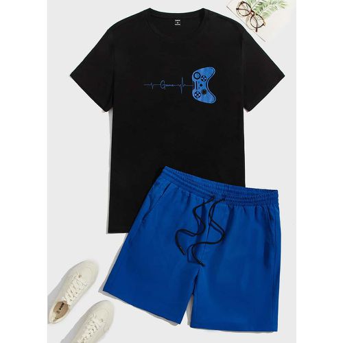 T-shirt à motif manette de jeu et lettres & Short à cordon - SHEIN - Modalova