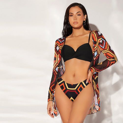 Bikini échancré à imprimé géométrique & Kimono - SHEIN - Modalova