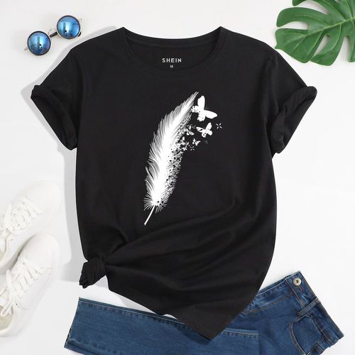 T-shirt à imprimé papillon et plume - SHEIN - Modalova