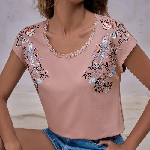 T-shirt à imprimé floral à ourlet en dentelle - SHEIN - Modalova