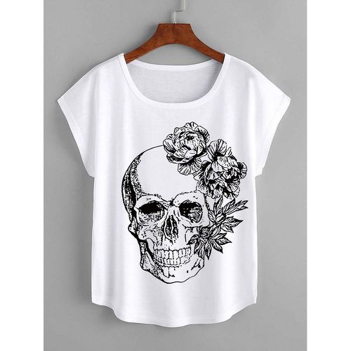 T-shirt tête de mort et à imprimé floral manches chauve-souris - SHEIN - Modalova