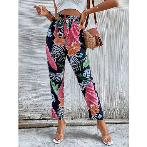 Pantalon trapèze à imprimé tropical à taille froncée ceinturé - SHEIN - Modalova
