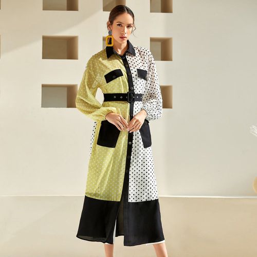 Robe chemise à pois à blocs de couleurs à manches bouffantes ceinturé - SHEIN - Modalova