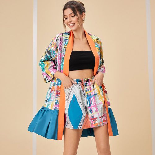 Kimono à imprimé coup de pinceau à blocs de couleurs à volants - SHEIN - Modalova