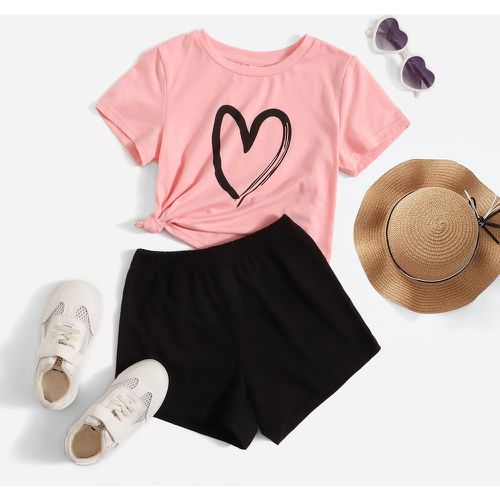 T-shirt à imprimé cœur & Short de sport à taille élastique - SHEIN - Modalova