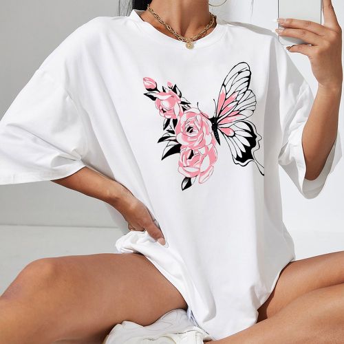 T-shirt oversize à imprimé floral et papillon - SHEIN - Modalova