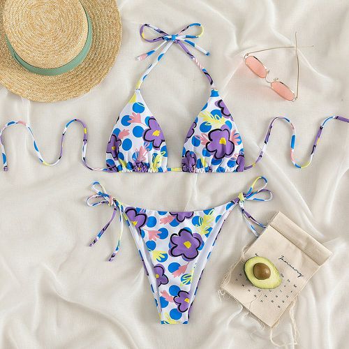 Bikini à imprimé floral aléatoire ras-du-cou triangulaire à nœud - SHEIN - Modalova