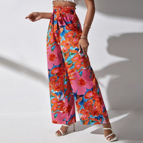 Pantalon ample à imprimé floral à taille froncée ceinturé - SHEIN - Modalova