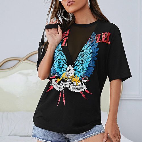 T-shirt à motif d'aigle et de lettre avec tulle - SHEIN - Modalova