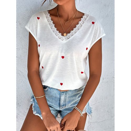 T-shirt à imprimé cœur en dentelle manches chauve-souris - SHEIN - Modalova